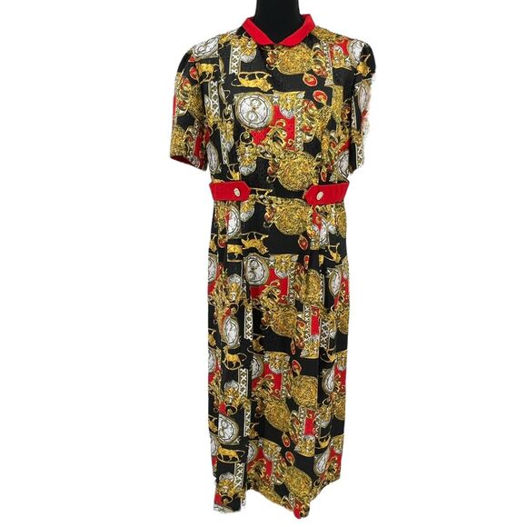 Vintage 90s Baroque Maximalist Clock Lion Print Rayon Dress Career Business - Picture 1 of 6